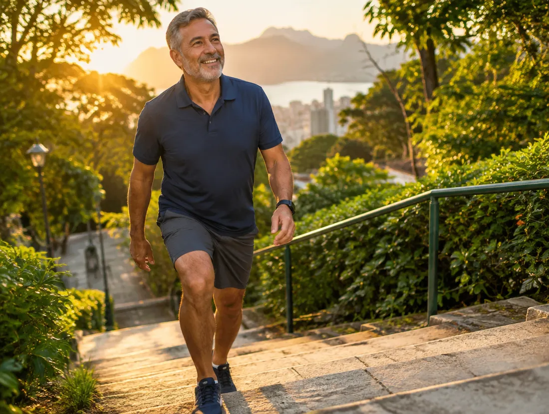 Homem de 58 anos subindo escadas no parque