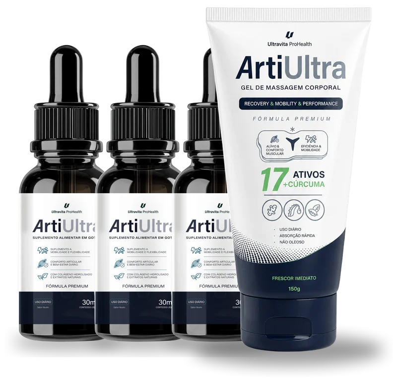 3 frascos de ArtiUltra Gotas e 1 Gel
