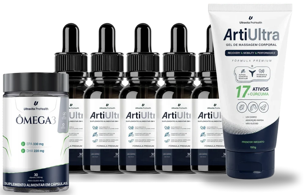 5 frascos de ArtiUltra Gotas, 1 Gel e o Ômega 3 de brinde
